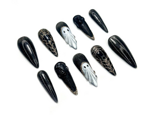 Midnight Phantom Press On Nails | Gothic Ghost Nail Art |Black Sparkle with 3D Ghost & Web Details | Handmade Long Coffin Press Ons |OC141EK