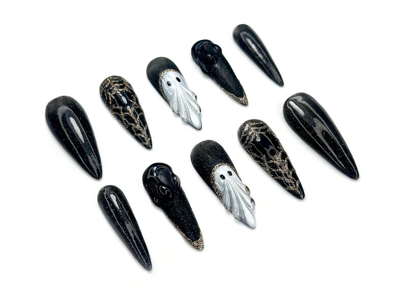 Midnight Phantom Press On Nails | Gothic Ghost Nail Art |Black Sparkle with 3D Ghost & Web Details | Handmade Long Coffin Press Ons |OC141EK