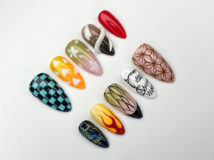 Demon Slayer Anime Press On Nails | Cosplay Character Nail Art | Flame Snake Nail Set | Caro Geometric Press Ons |OC1111BK
