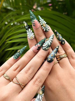 Green Black Press On Nails with 3D Floral and Gold Detail | Elegant Botanical Nails in Almond Shape | Luxury Nails | OB356NC