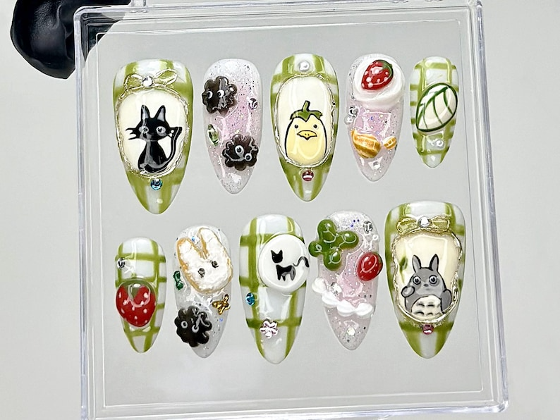 My Neighbor Totoro Press On Nails | Kawaii Ghibli Fake Nails | Totoro, Jiji, Soot Sprites Nail Art | Trendy Cartoon Kawaii Nails | OB909YC