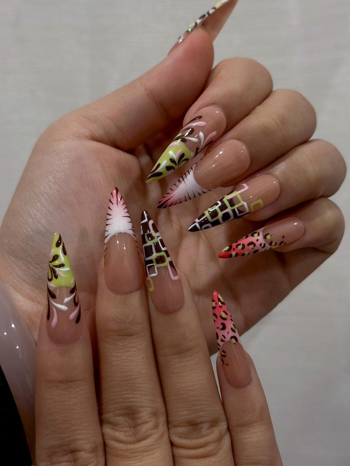 Modern Garden French Press On Nails | Playful Floral & Polka Dot Nails | Luxury Nude Base Press Ons | Playful Garden Nail Art | OC1273EC