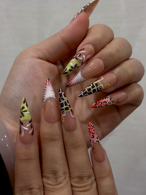 Modern Garden French Press On Nails | Playful Floral & Polka Dot Nails | Luxury Nude Base Press Ons | Playful Garden Nail Art | OC1273EC