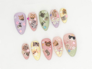 Cute Kitty and Bow Press-On Nail Set | Perfect for Pet Lovers | Kawaii Cat-Themed Press On Nails for Cute Style| Handmade Design |OB644LK