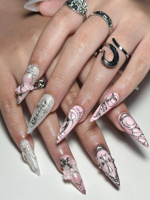 3D Pink Gothic Cyber Nails | Silver Chrome Cross Press Ons | Ethereal Grunge Liquid Metal Nails | Y2K Punk Butterfly Press Ons | OB362IC
