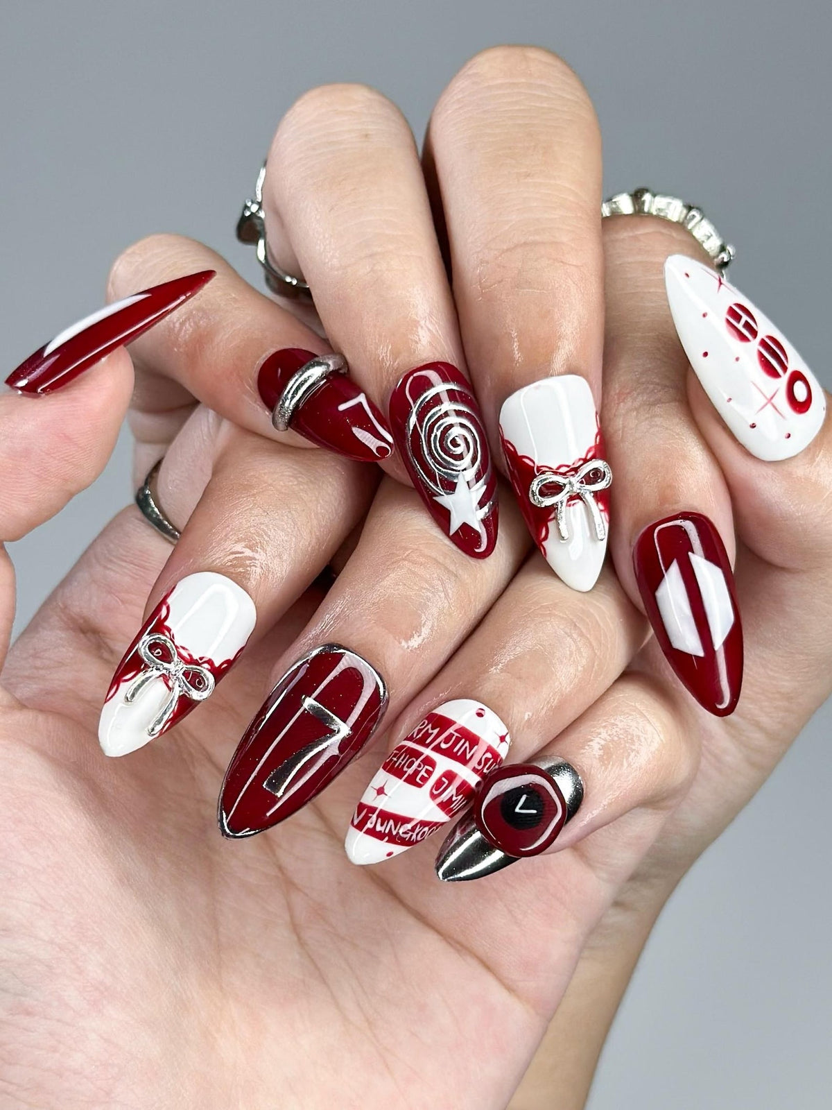 Kpop Inspired Cupid Voyage Nails | 7 Spirit Arirang Love Muse Press Ons | Red White Silver Retro Pop Nails | Coquette Fandom Nails| OC358IK