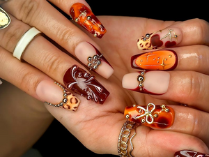 Fall Orange Leopard Press On Nails | Autumn Handmade Luxury Set | 3D Bow & Butterfly Nail Art | Fall Statement Design | OB1095EC