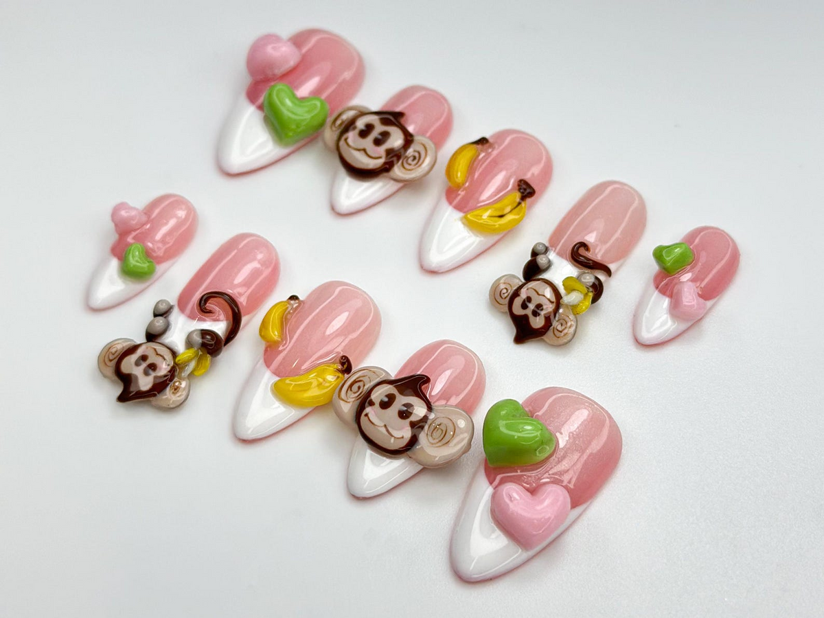 Cute Monkey Pink Cute Press On Nails | Cute 3D Banana Monkey Nails | Pink & Green Heart Nails | Kawaii Jungle Vibe | Cartoon Nails | OB811HC