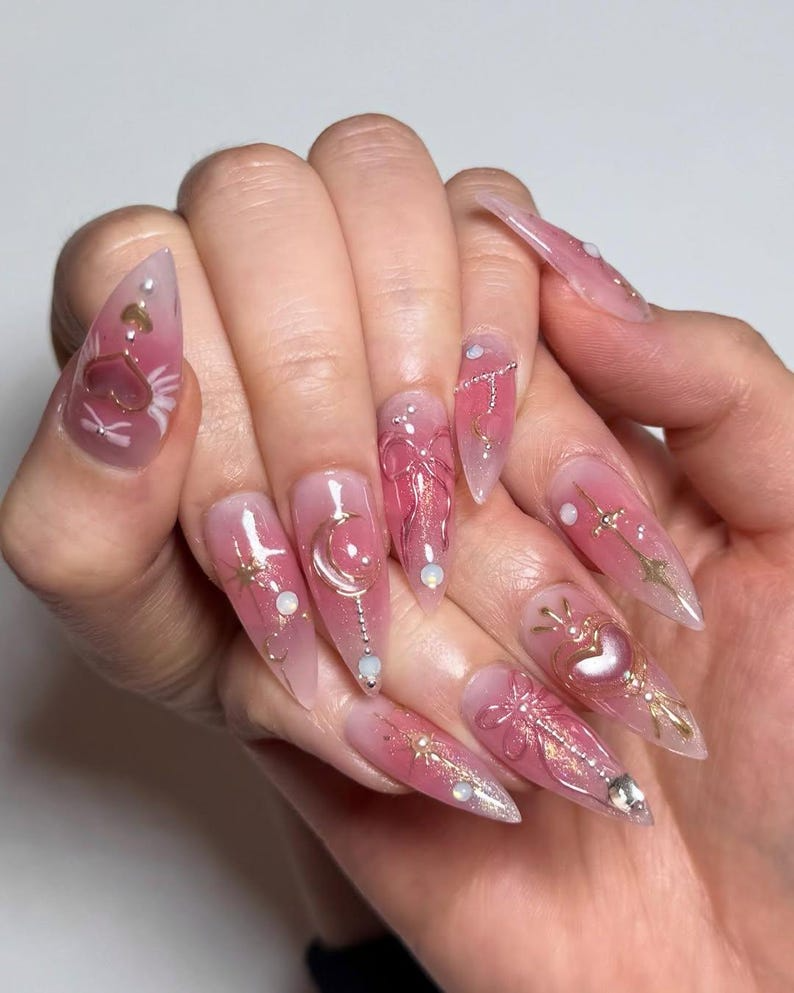 Moon & Star Romantic Press On Nails | Pink Fantasy Nail Art | Magical Soft Girl Press Ons | Pearl Dreamy Nail Set | Soft Girl Nails |OC833HC