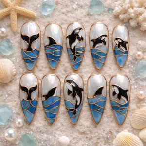 Ocean Press On Nails Summer, Shark and Orca Nail Art Handmade Marine Life Nails Coastal Stiletto Nail Set | OB419L