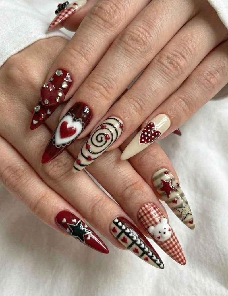 Nail Tabs for Press On Nails – Cherry Heart Teddy Gingham Nude Red Valentine Nails | OB23L