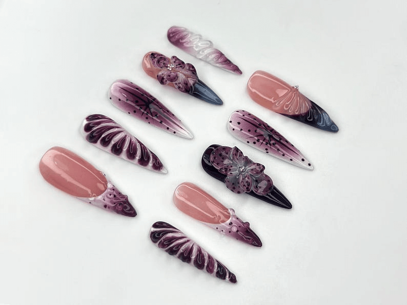 Elegant Purple Bloom Press On Nails | 3D Floral Ombre Nail Art | Nude Pink Handmade Nails | Luxury Artistic Long Set | OB1152BK