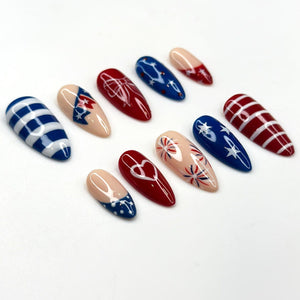 4th of July Press On Nails | Handpainted Patriotic USA Flag Almond Nails | OB398LK