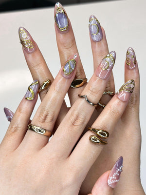 Luxury Purple Cat-Eye Nails | 3D Golden Butterfly & Moon Press Ons | Mystic Celestial Pearl Stiletto Art | Fairy Nails | OB1339IK