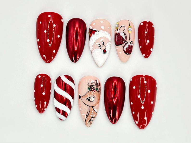 Press On Nails For Christmas | Santa, Reindeer and Holiday Ornaments Details | Christmas-Themed Nail Design l Festive Holiday Nail|OB548HC