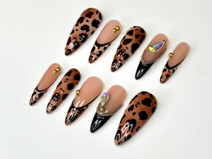 Leopard Fall Press On Nails | Animal Print Nail Art | Glam Rhinestone & Chain Nails | Handmade Long Stiletto Nails |Autumn Press Ons|OB175HC