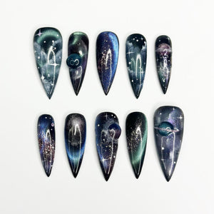 Galaxy Space Press On Nails Long Stiletto • 3D Planet Art • Nebula Milky Way Handpainted Stars • Festival Rave Party • OB1362LG