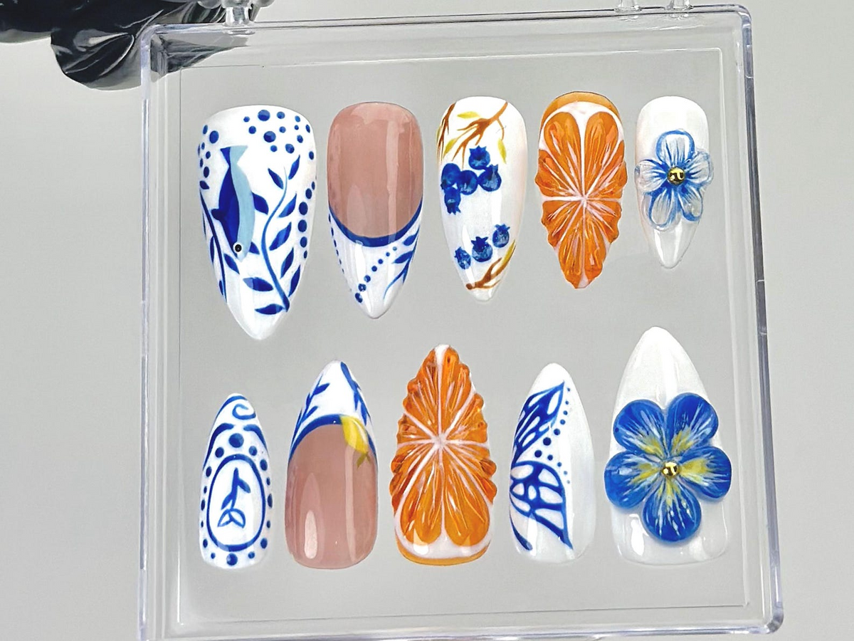 Porcelain Blue Floral Press On Nails | Oriental Ceramic Fake Nails | Orange Blossom Nail Art | Butterfly Citrus Nails | Luxury Nails|OB903YK