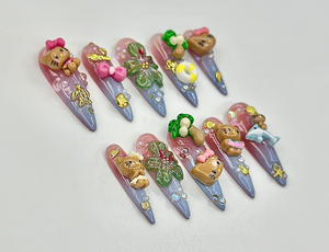 Hello Kitty Kawaii 3D Press On Nails | Tropical Cute Nail Art | Summer Ocean Theme | Tropical Flowers & Sea Animal Design | OC920EK