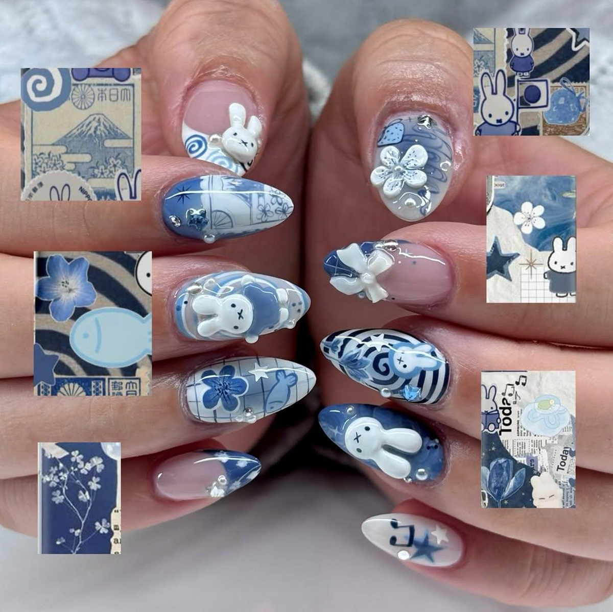 Blue Bunny Kawaii Press On Nails | 3D Rabbit Nails | Cute Cartoon Bunny Nails| Hand Painted Blue Aesthetic Nails | Easter Press Ons| OB321HC