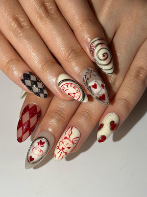 Alice Wonderland Easter Press On Nails | Playing Card Heart Nails | Red White Nails | Fantasy Swirl Set | Handmade Press Ons | OB1295HC
