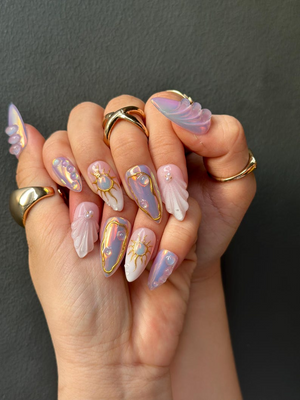 Iridescent Sunshine Press On Nails | Golden Sun Nail Art | Sunshine & Waves with Gold Accents | Handmade Unique Nail Set | OB1098HC