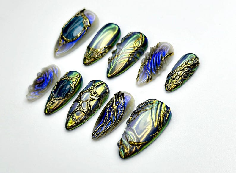 Midnight Armor Press On Nails | Metallic Dragon Scale Nail Art | 3D Fantasy Sculpture Nails | Gothic Iridescent Tips | OC939EK