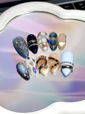 Luxury Blue Silver Press On Nails | Nude Gilded Ring Nail Art | Nude & Steel Statement Nails | High Fashion Almond Nails | OB1023EC
