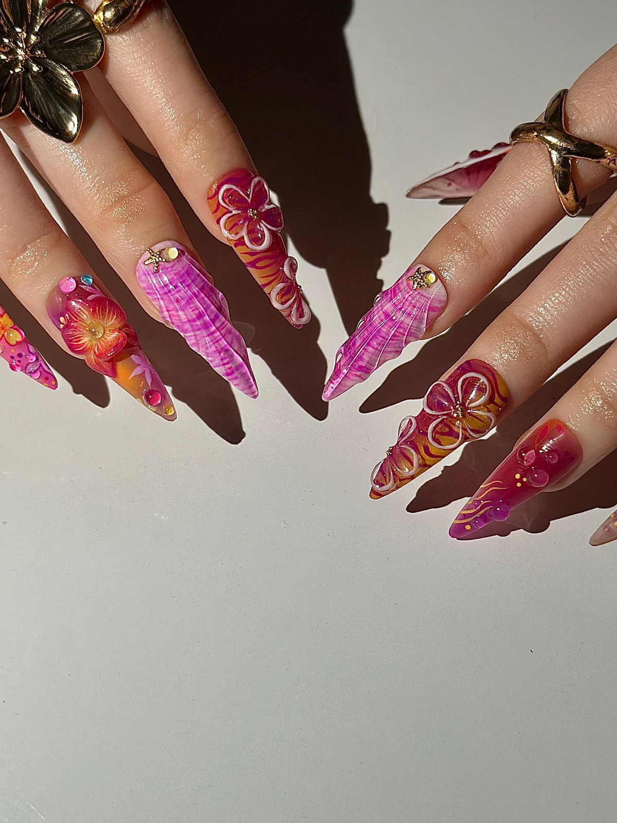 Midnight Sun Aesthetic Press On Nails, 3D Purple Seashell and Hibiscus Floral Nails, Maximalist Tropical Y2K Luxury Fake Nails, OB1287HK