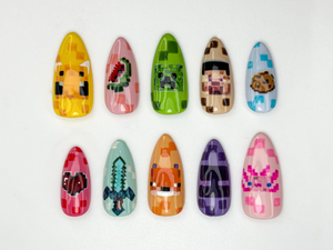 Minecraft Game Press On Nails | Pixel Game Nail Art | Cute Pixel Sword & Mob Nails | Gamer Girl Press Ons | Fun Geeky Gaming Nails | OA810HC