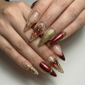 Press On Nails Adhesive Tabs – Nude Burgundy Gold Heart & Rose Chrome Long Stiletto Handmade Fake Nails for Luxury Romantic Look | OB25L