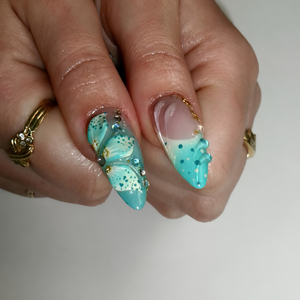 Luxury Mermaid Press On Nails | Gold Chrome Mint Stiletto Fake Finger | 3D Seashell Ocean Wave Custom Summer Beach Manicure | OB1KL