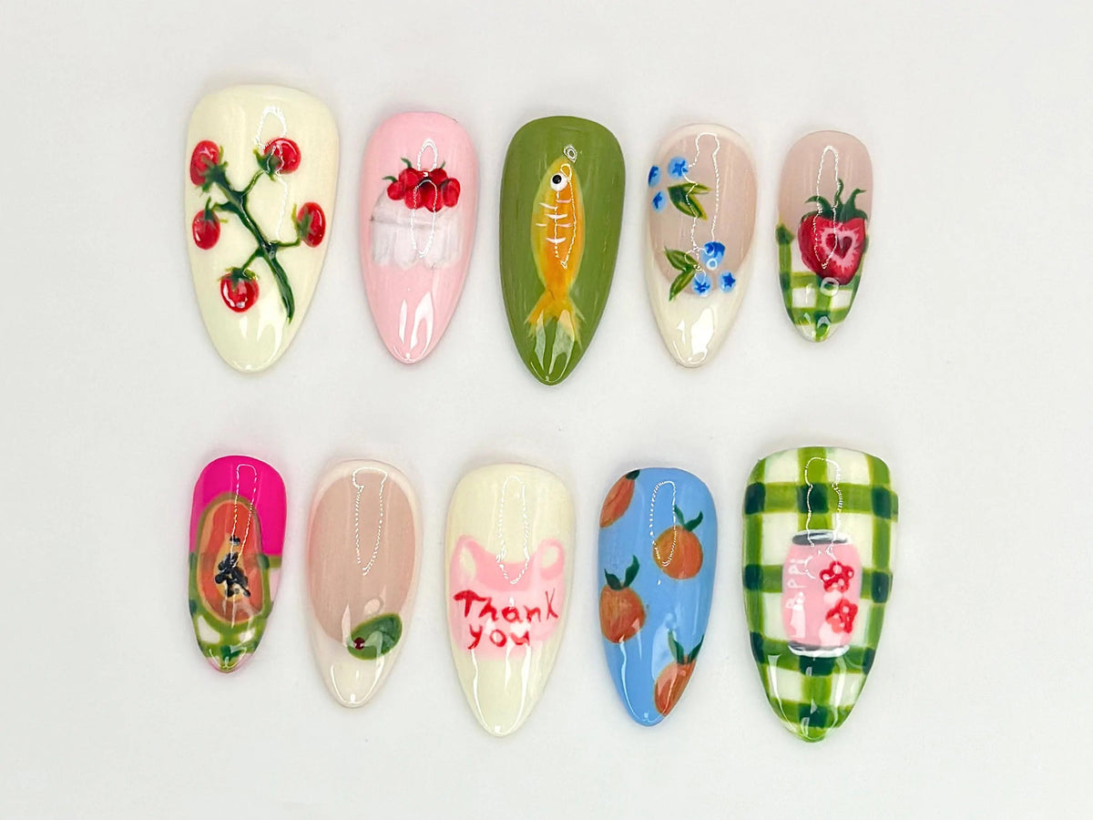 Fruit Garden Custom Press On Nails | Hand-Painted Watermelon, Strawberry & Citrus Nail Art | OB525LC