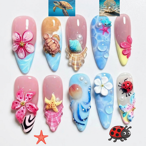 3D Shark Ocean Press On Summer • Blue Sea Animal Nails • Dolphin Whale Shark Nails • Summer Beach Nails Almond Shape | OB414L