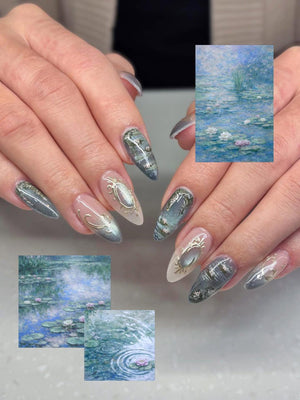 Teal Cat Eye Press On Nails | Elegant Vintage Nail Art | Ocean Marble Luxury Nails | Floral Blue Gradient Nails | Classy Press Ons | OB332HK