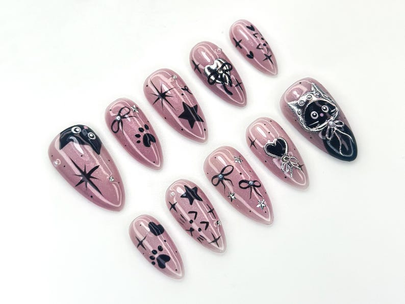 Bengals Cat Press On Nails | Holiday Chrome Pink Nails | Cute Bow & Stars Nail Art | Christmas Gift for Her | Mystic Winter Cat Press On Nails  OB1182BC