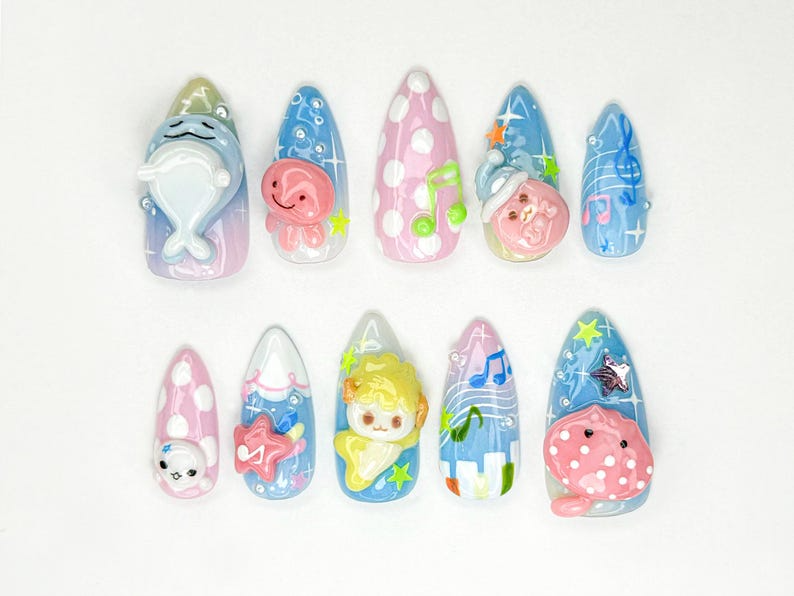 Kawaii Summer Press On Nails | 3D Pastel Marine Animals | Kawaii Sea Nail Art | Cartoon Seal Whale Jellyfish Nails | Summer Nails | OB890HC