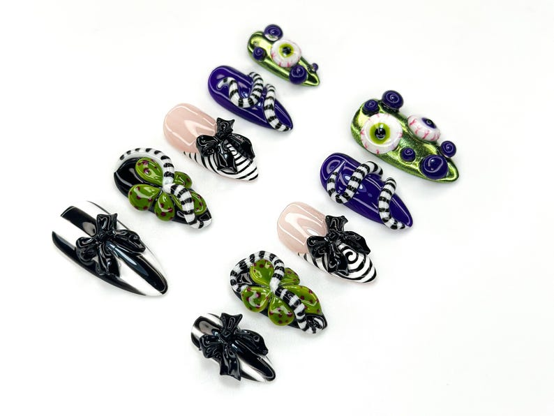 Monster Ribbon Press On Nails | Beetlejuice-Inspired Nail Art | Green & Purple 3D Eyes Design | Black Bow Striped Nails |OB1165BC