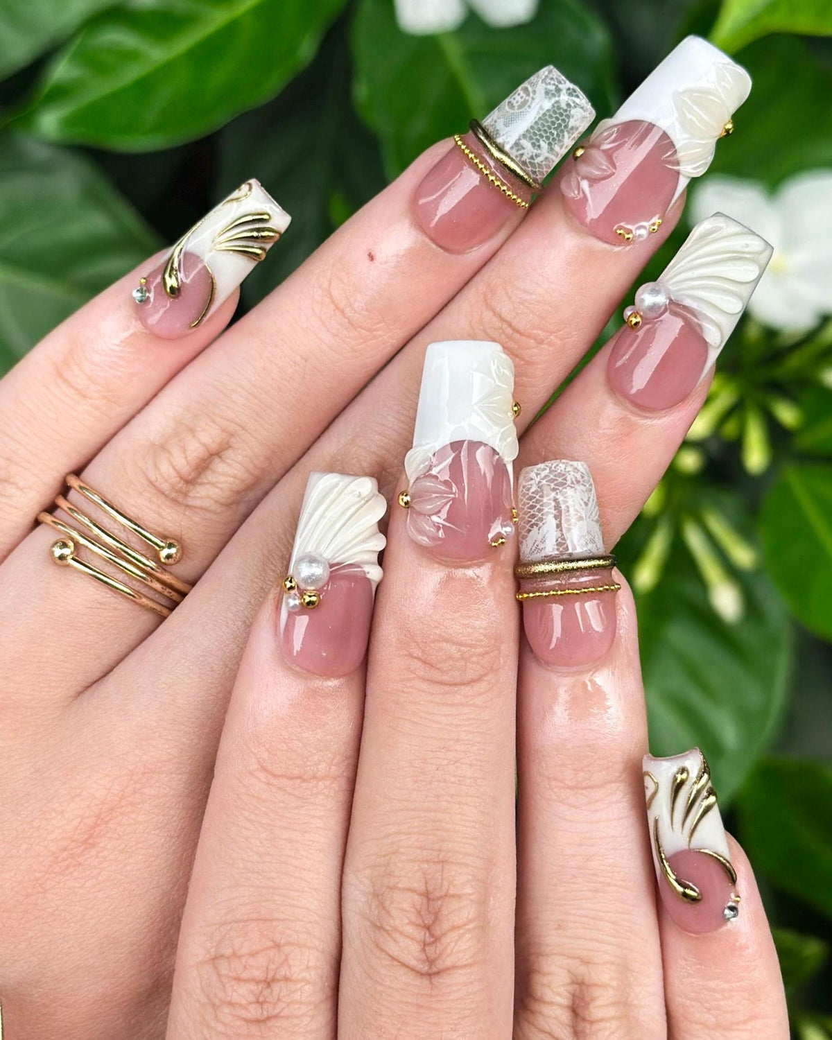Royal Balletcore Press On Nails | Luxury Pearl Bow Fake Nails | Handpainted Gold French Tip Nails |Elegant Bridal Nails Reusable | OB343IC
