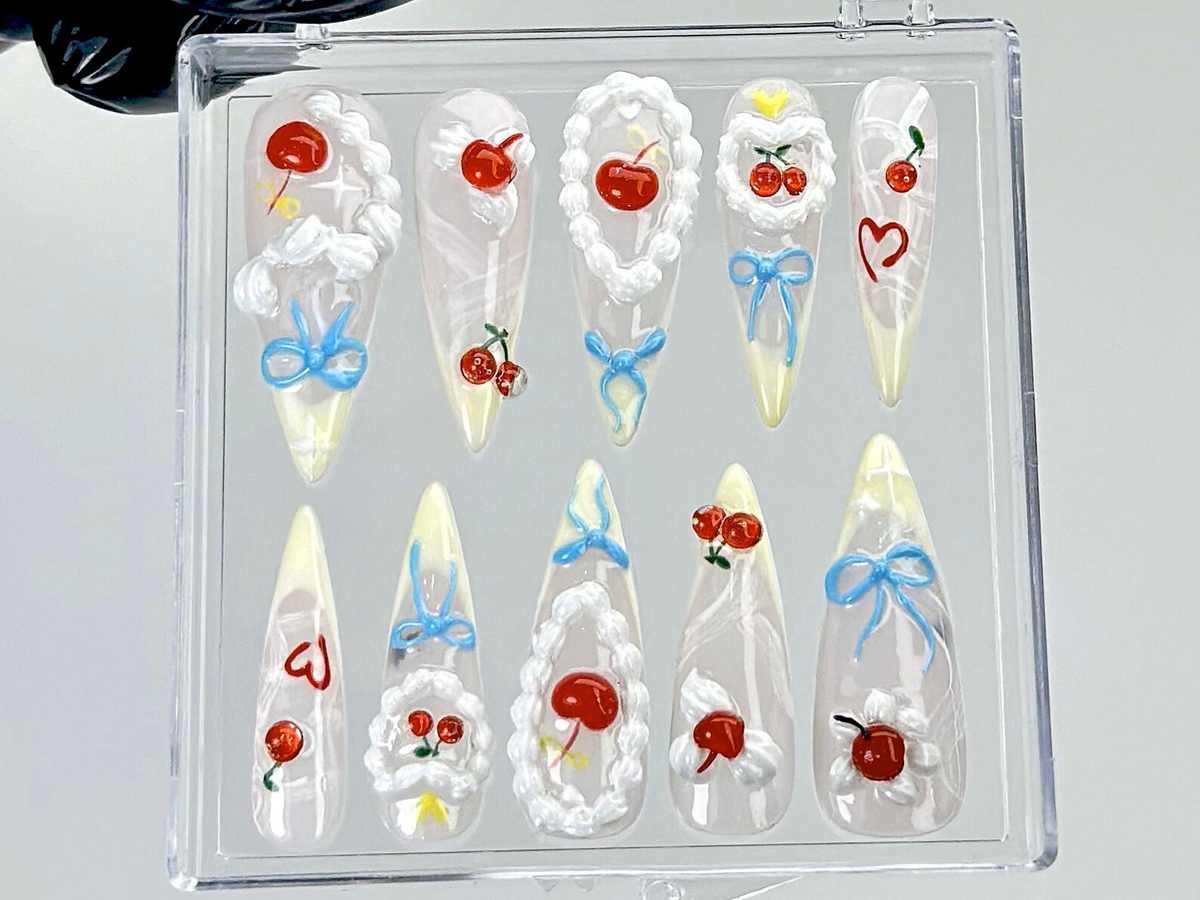 Cherry Whipped Cream Press On Nails | Cute Fruit Fake Nails | Sweet Cherry Delight Nail Art | Fun Summer Nails | Kawaii Nails | OB906YC