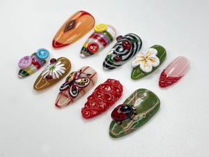 Whimsical Garden Themed Press On Nails | Cottagecore Strawberry & Button Nail Art | Vintage 3D Ladybug Nails | Forestcore Press Ons |OB824H