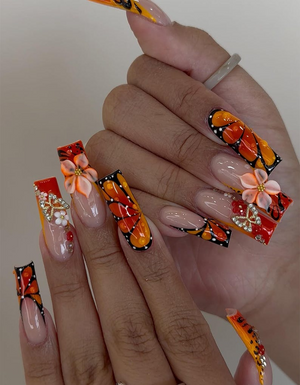 Sunset Flame Floral Press On Nails | Orange Butterfly Nails | 3D Flower & Star Charms Nail Art | Handmade Long Nail Set | OC961HK