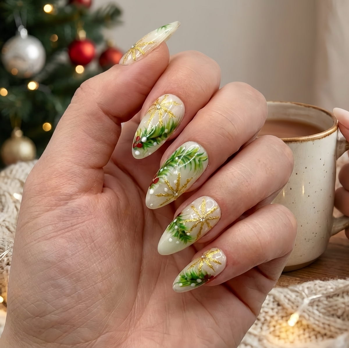 Luxury Christmas Press On Nails | Gold Snowflakes And Pine Accents Fake Nails | Festive Holiday Nail Polish | Seasonal Nail Art | OC650YC