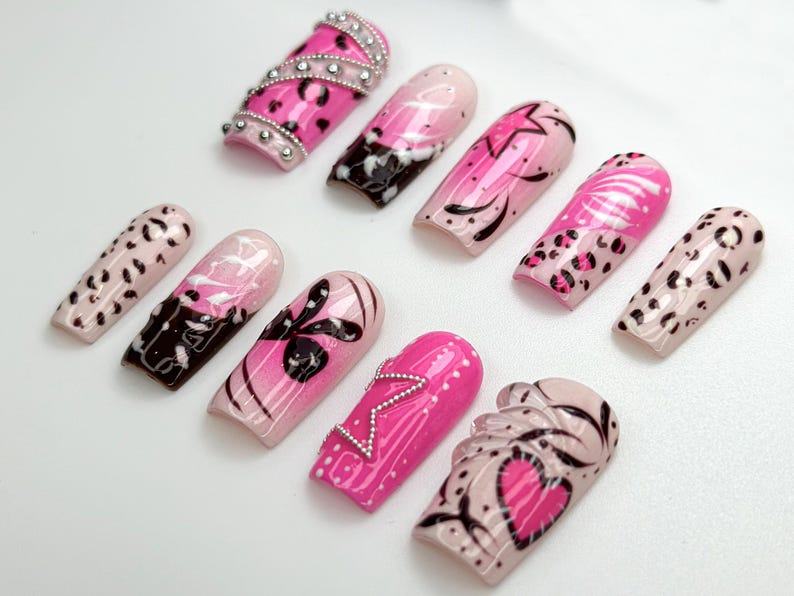 Pink Y2K Leopard Press On Nails | Rhinestone Star Design | Heart & Animal Print Nails | Bold Pink Chrome Nail Art| Trendy Y2K Nails |OC845HC