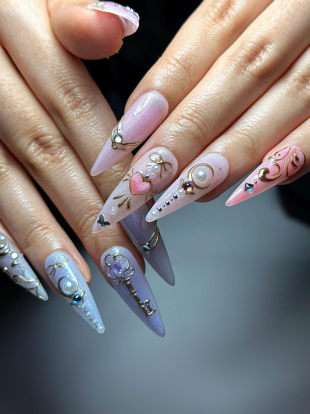 Pastel Cat Eye Press On Nails | Pink Purple Ombre Nails | Cute Heart Bow Nail Art | Elegant Gold Detail Nails| Fairycore Press Ons| OC1307HC