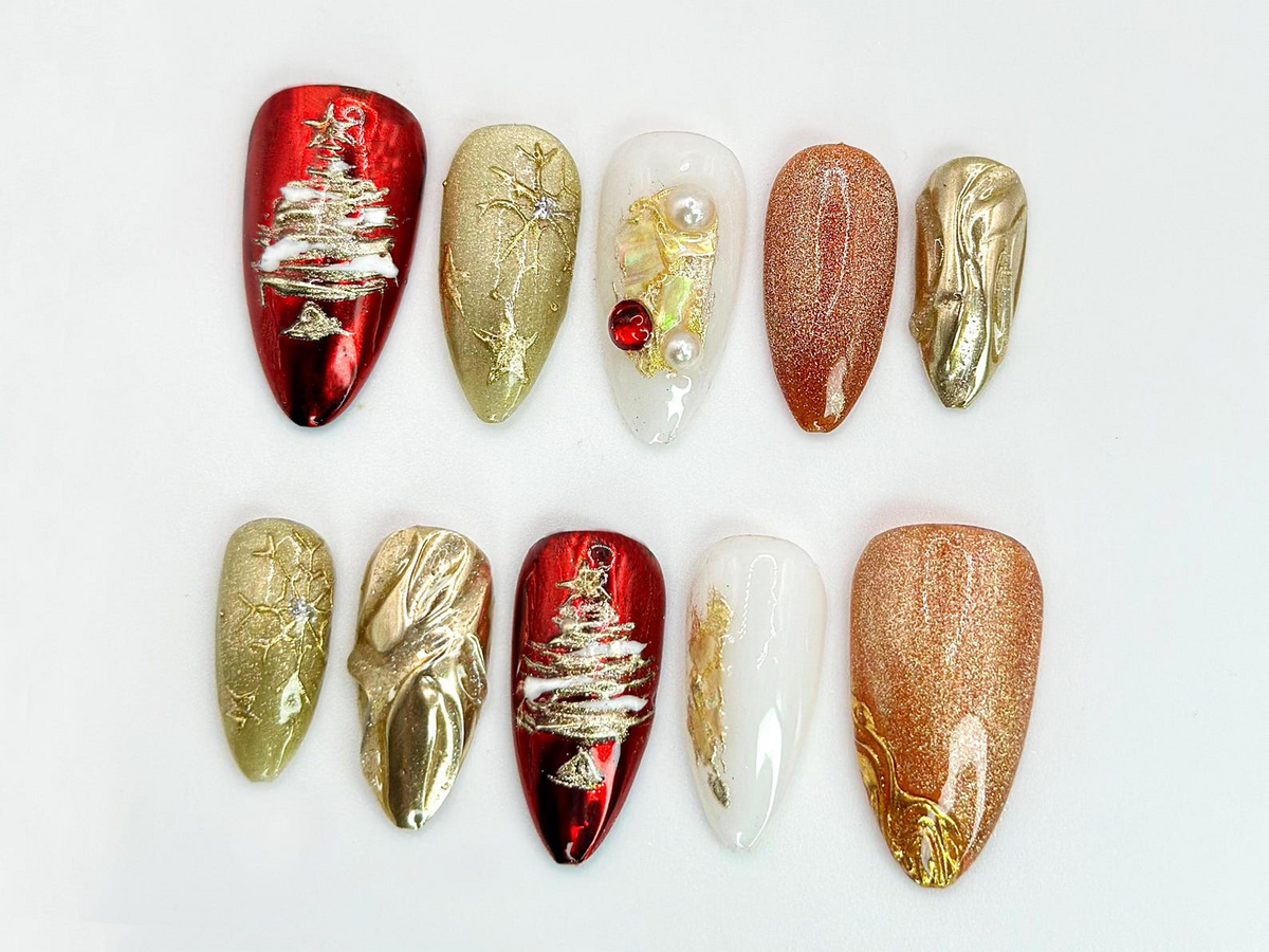 Christmas Tree Press On Nails | Red & Gold Holiday Nail Art with 3D Details | Christmas Tree, Pearl Accents | Holiday Nail Set| OC536HC