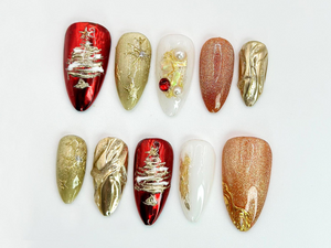 Christmas Tree Press On Nails | Red & Gold Holiday Nail Art with 3D Details | Christmas Tree, Pearl Accents | Holiday Nail Set| OC536HC