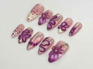 Glossy Purple Flower Press On Nails | 3D Floral Chrome Nails | Handmade Long Nails | Sparkling Violet Flower Tips| Elegant Nail Set |OC770LC