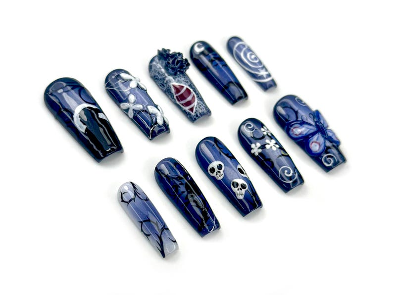 Midnight Gothic Butterfly Press On Nails | Dark Blue Fantasy Nail Art | 3D Butterfly, Skulls & Floral Accents | OC140EC