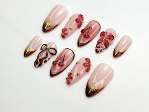 Cherry Blush Bloom Press On Nails | 3D Red Floral & Bow Nail Art | Sweet Cherry Nails | 3D Red Flower Nails | Romantic Nail Set | OC770HC
